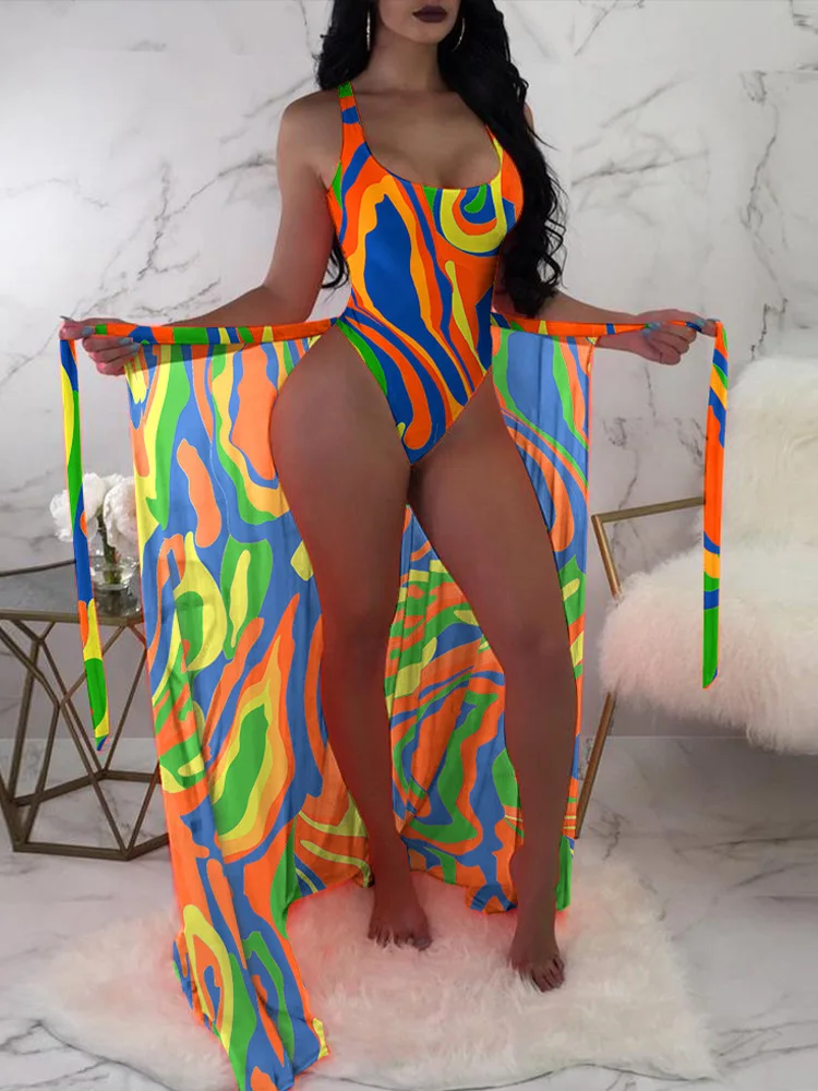 

2024 New Summer Bikinis Set Sexy Backless Print Bikinis 3 Piece Set Women Smock Split Swimsuit High Waist Vacation Beach Bikinis