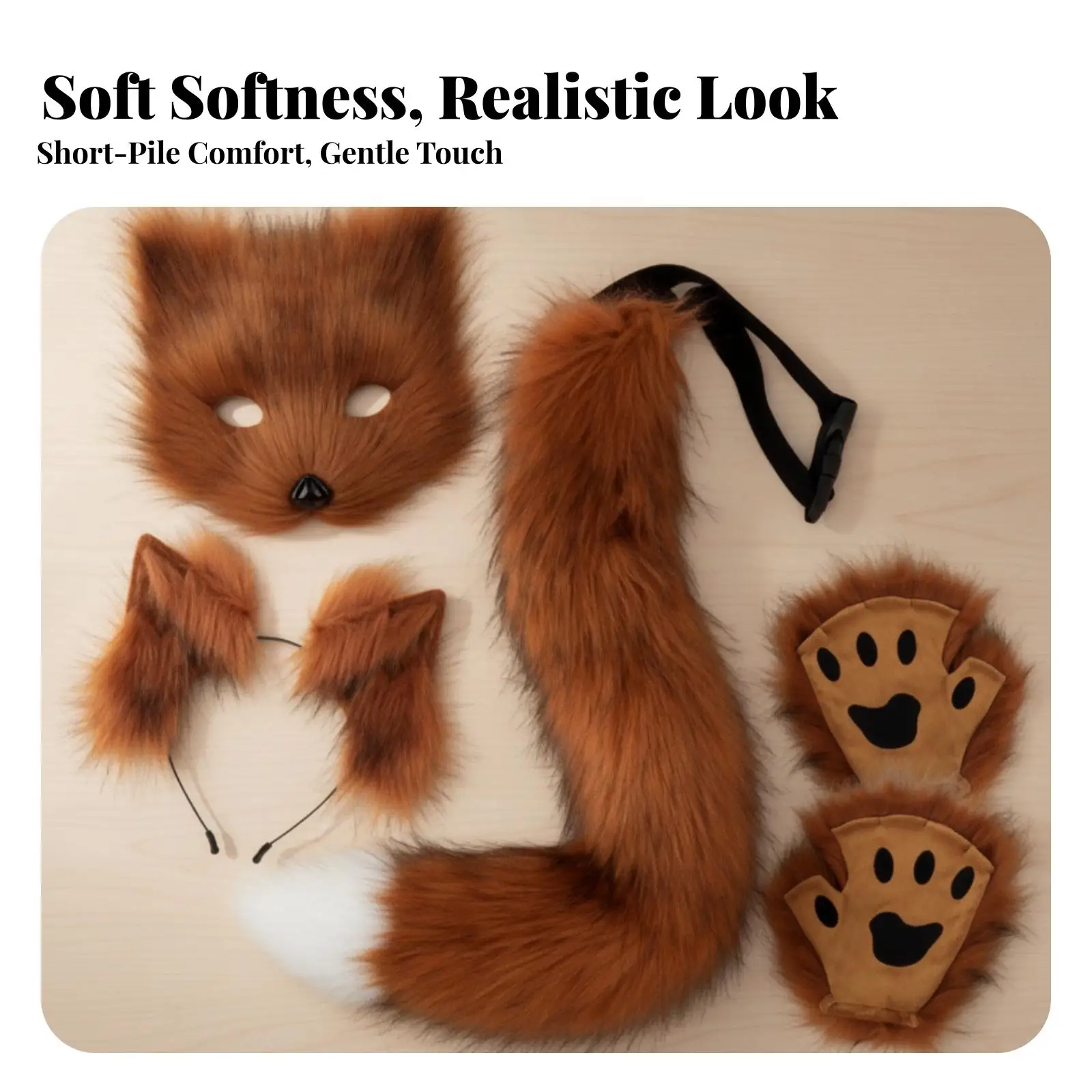 4 Pieces Vulpine Ears and Tail Set with Mask High-Quality Vulpine Costume with Tail and Mask Faux Faux Fur Furry for Cosplayers