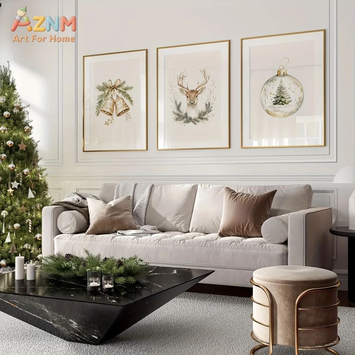 1pc/3pcs Christmas Tree Reindeer and Bells Minimalism Golden Christmas Canvas Poster Prints Rustic Christmas Decor