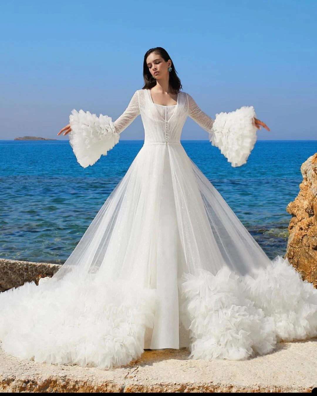 Elegante Brautkleider, Rüschen, Puffärmel, Tüll, Illusion, Brautkleider, nach Maß, Sweep-Zug, Robes De Mariée