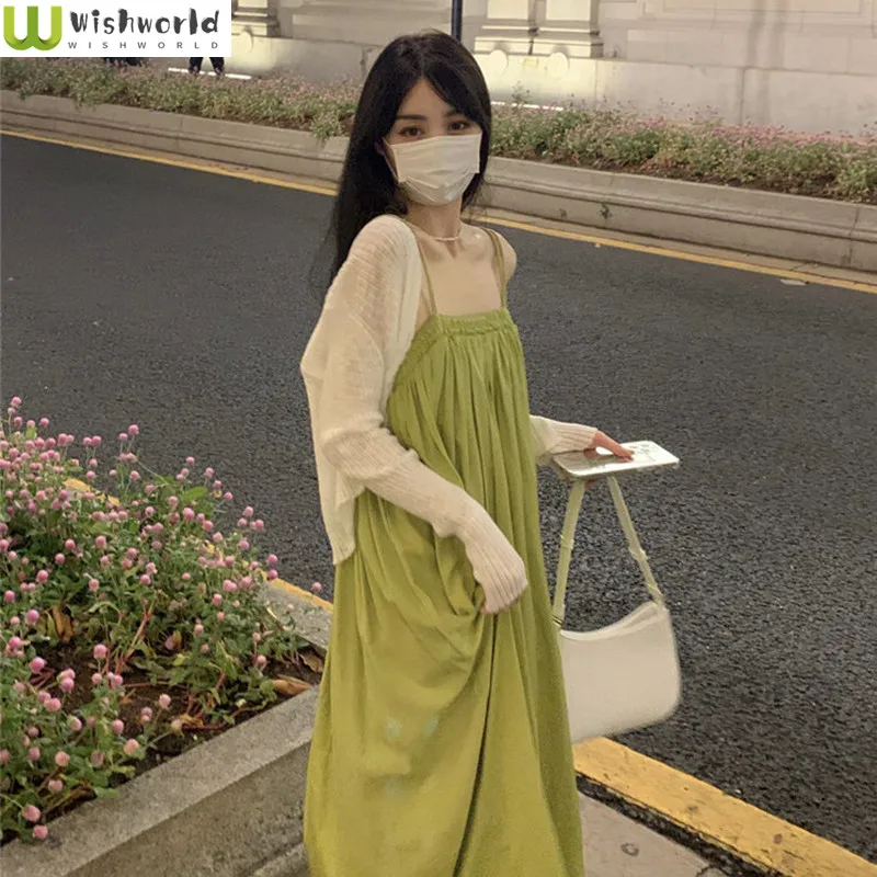 

Women's Summer French Gentle Breeze Soft Green Camellia Dress White Sunscreen Small Cardigan Coat Two Piece Set