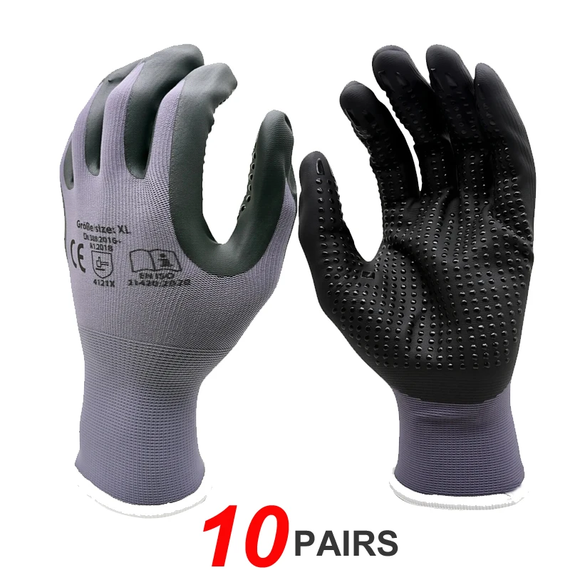 

10 пар рабочих перчаток с удобным захватом, нескользящие, с нитриловым покрытием, легкие, прочные, дышащие, для сенсорных экранов
