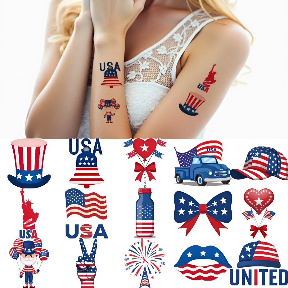 

63pcs Temporary Tattoo Bow Cartoon Bald Eagle Heart Waterproof Long-lasting Body Stickers Patriotic Hat For Adults Cheeks