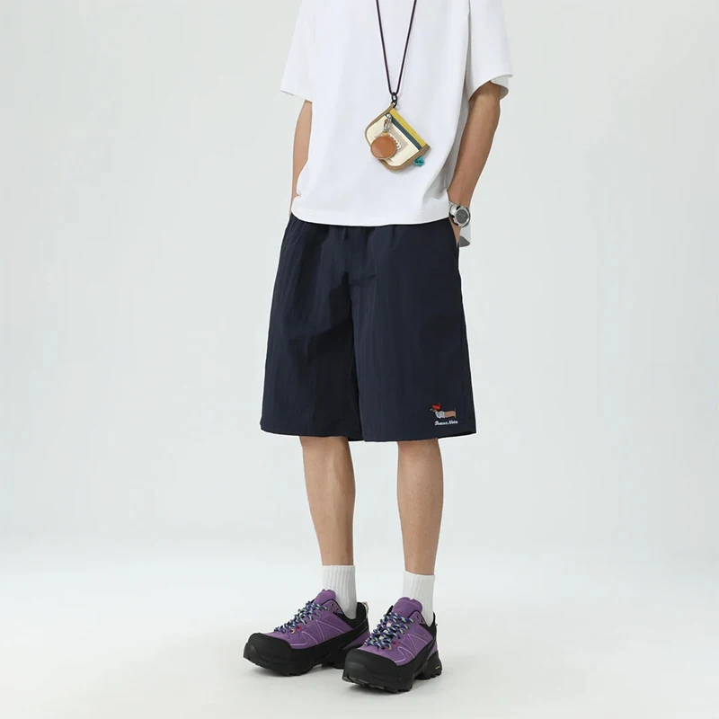 

American Retro Embroidered orts Men's Summer Qui Dry Loose Straight Leg Wide Pants Teen Casual Pants Breathable Lightweight