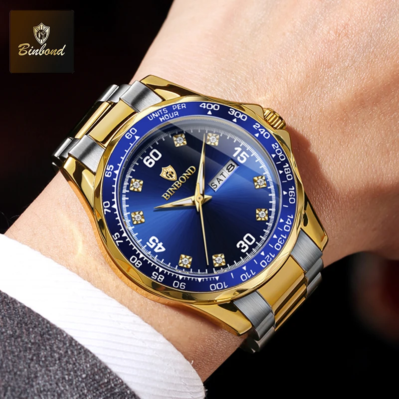 BINBOND B503 ساعات يد كوارتز مقاومة للماء للرجال، ساعات عمل بحزام من الفولاذ المقاوم للصدأ للرجال، ساعة عرض أسبوع التقويم