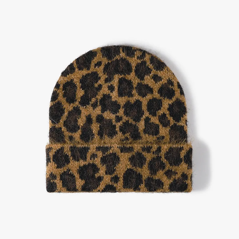 Amerikanische personalisierte Leopardenmuster-Strickmütze für Herbst und Winter, Wollmischung, warm, mit Ohrenschutz, Skull-Beanie für Damen – Detail 3