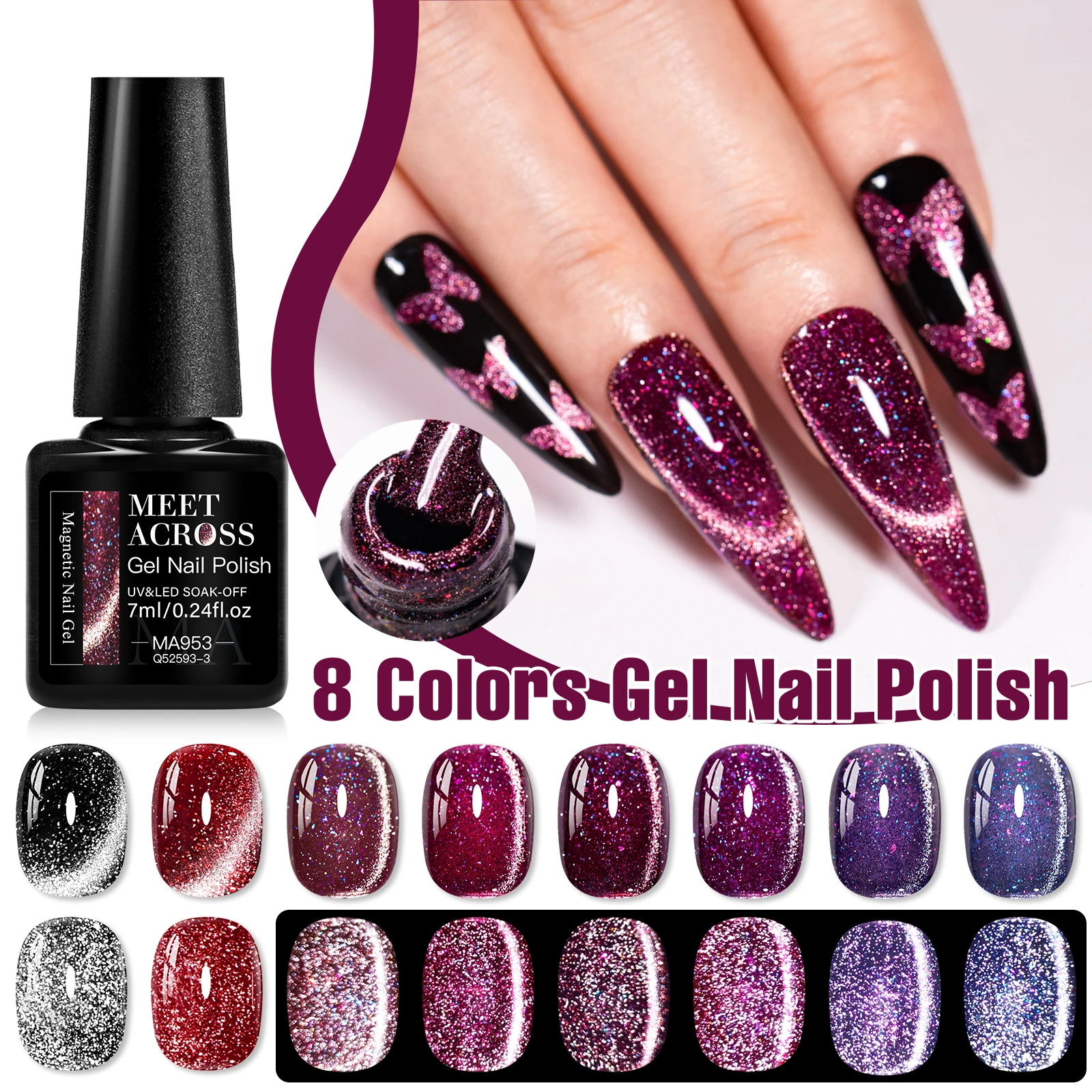 9pcs Reflective Glitter Cat Magnetic Gel Nail Polish Set Wine Red Glitter Semi Permanent Soak Off UV Gel Varnish Nail Supplies