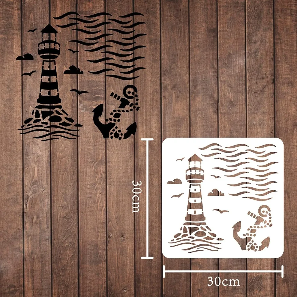 Lighthouse Drawing Painting Stencils Sea Ocean Nautical Stencils Template 11.8x11.8inch Plastic Sea Wave Birds Anchor Stencil