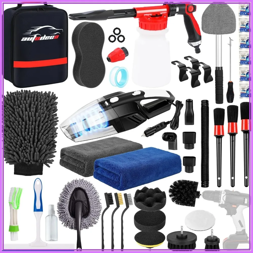 

40Pcs Car Wash Detailing Kit with Foam Gun Sprayer, Vacuum with Long Cord, Drill Brush, Large Wash Mitt, Towels