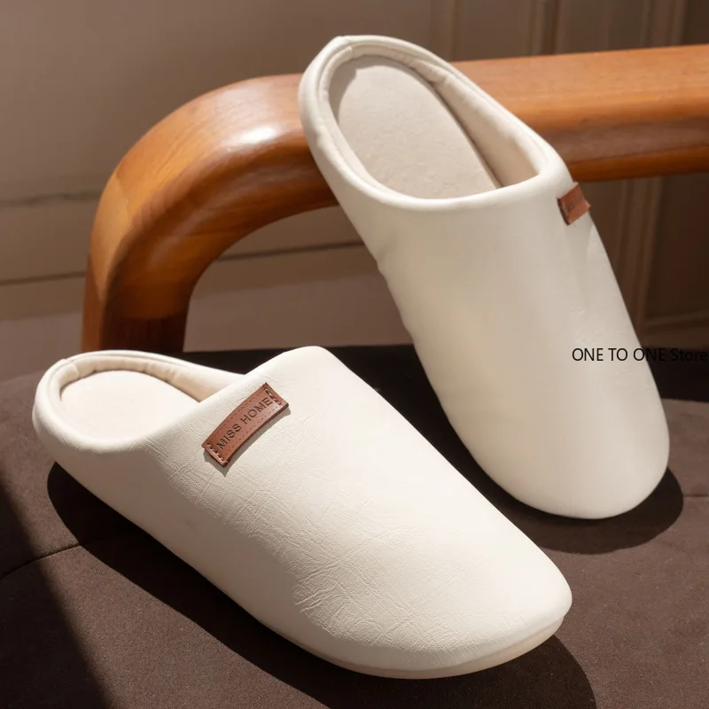 

Japanese-style PU Leather Silent Home Slippers Women's Autumn and Winter Couples Home Velvet Warm Non-slip Cotton Slippers Men