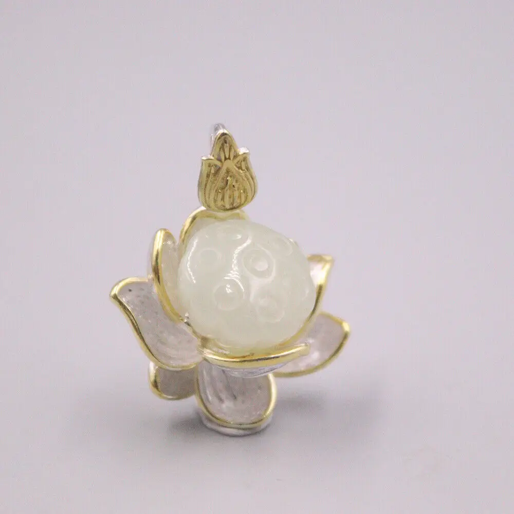 

Real 925 Sterling Silver With Natural Jade Lotus Flower Pendant Charming