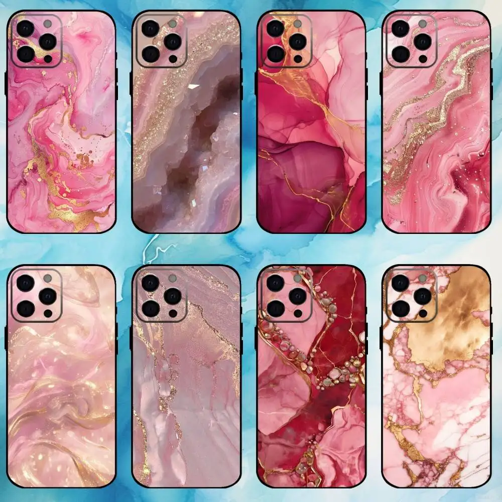 

Gold Pink Geometric Marble Phone Case For iPhone17,16,15,14,13,12,11 Plus,Pro Max Soft Black Cover
