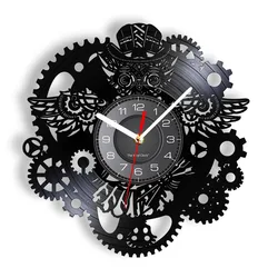 Steampunk Owl Wall Art Wall Clock Vintage Vinyl Record Clock Home Decor Gear Cog Night Owl Steampunk Personalized Wall Watch