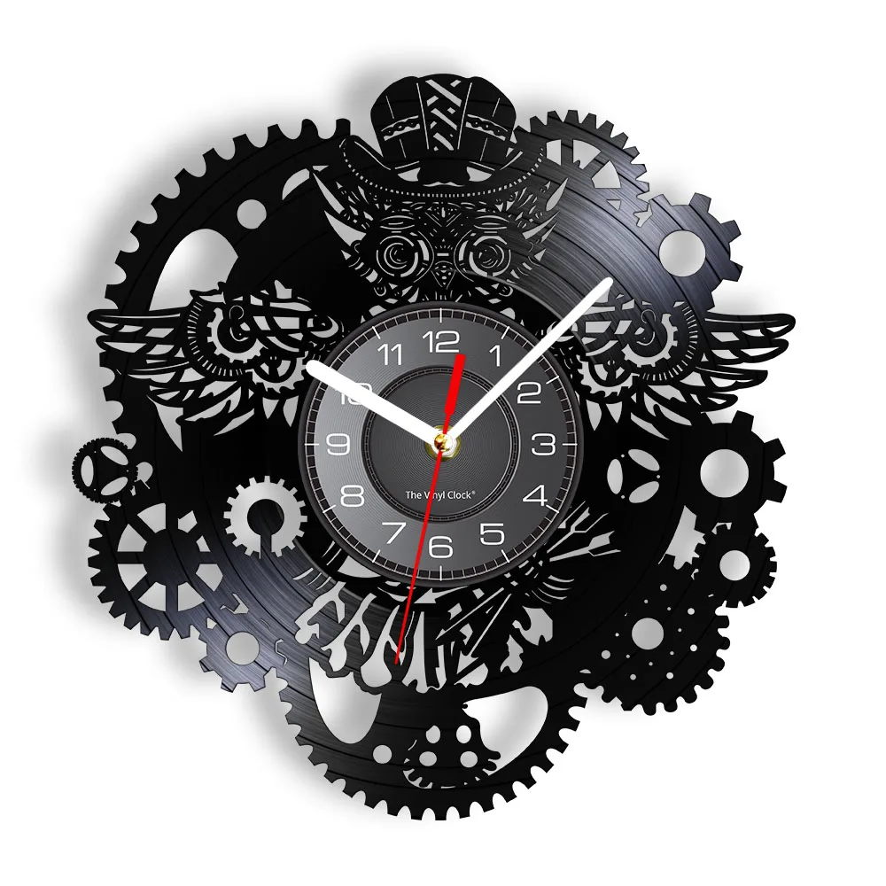 Steampunk Owl Wall Art Wall Clock Vintage Vinyl Record Clock Home Decor Gear Cog Night Owl Steampunk Personalized Wall Watch