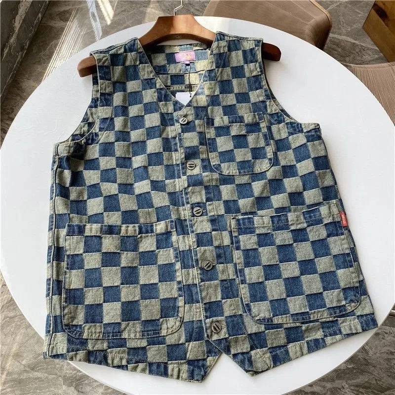 

Vintage Denim Plaid Vest Men New Casual Single Breasted Sleeveless Waistcoat Spring Summer V-Neck Pocket Jeans Chaleco Hombre