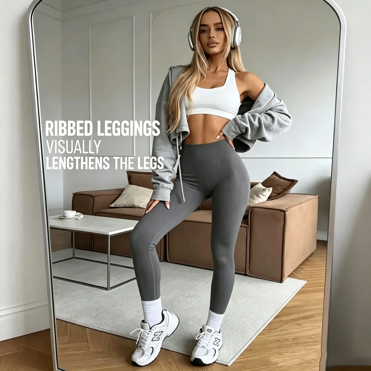 Gerippte Leggings für Damen, gestrickte Leggings, nahtlose, figurbetonte Leggings, hochtaillierte, formgebende Leggings, hoch elastische Yoga- und Fitnesshosen. – Detail 10