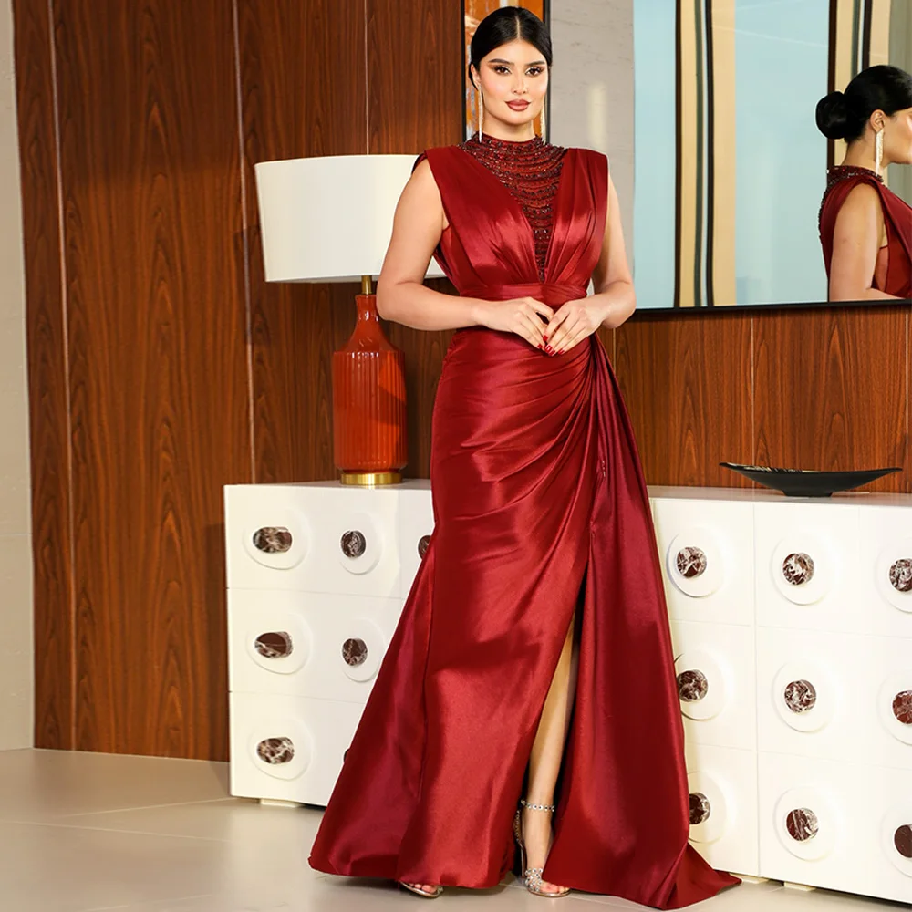 

Satin Crew Neck Mermaid Evening Dress Customized Delicate Crystal Celebrity Gowns Modern Sweep Train Bespoke Occasion Gowns