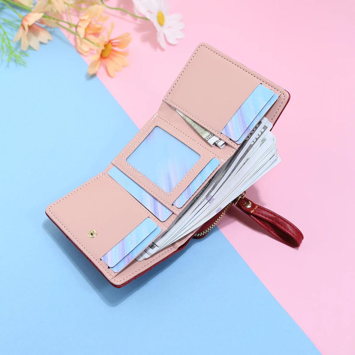 Ladies Embroidered Clutch Wallet Short Zipper Buckle Large Capacity Tri-fold Card Holder Multi-Slot Fashionable Simple Design