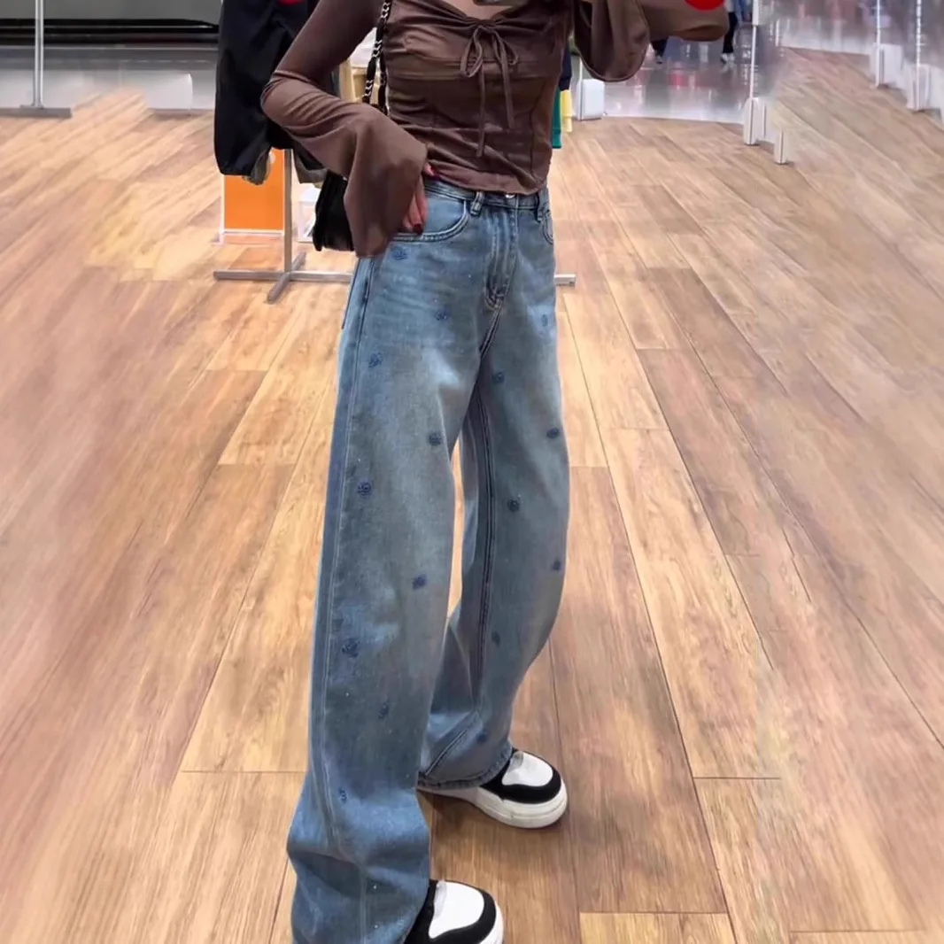 Vrouwen print hoge taille denim broek gesplitste noodlijdende broek streetwear jeans zak rechte broek eenvoudige casual lente herfst