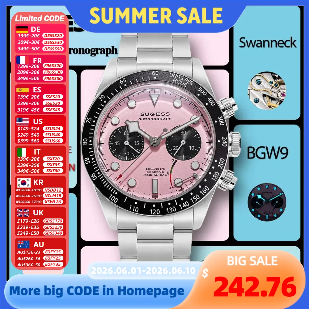 

Sugess Chronograph Men Watch Original ST1907 Swanneck Pilot Mechanical Wristwatches Domed Sapphire Crystal Dopamine S457 2025new