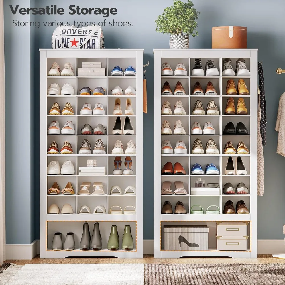 Tall Shoe Cabinet, 9 Tier Shoe Storage Cabinet, Freestanding Wooden Shoe Cabinet Organizer with 24 Cubbies and 3 Hooks image 2