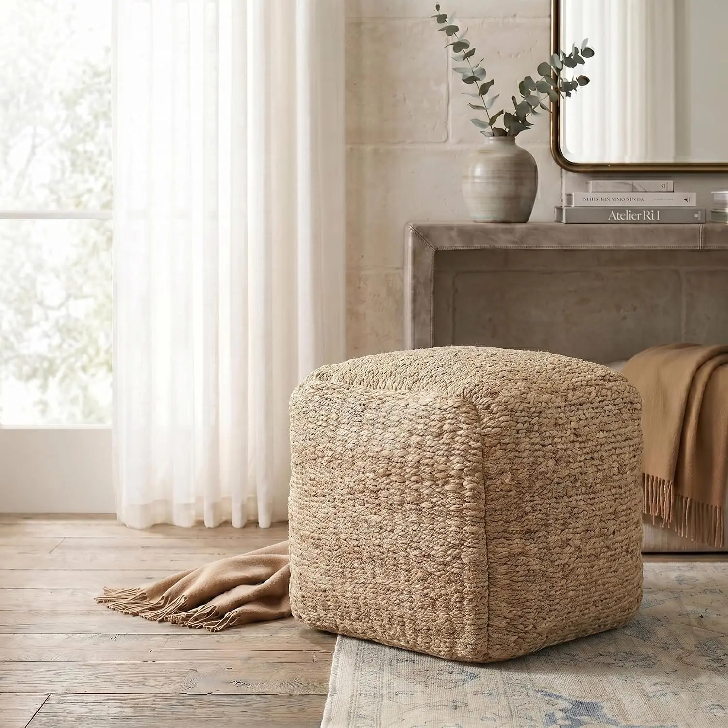 Farmhouse Square Pouf Ottoman Hand-Made Foot Rest Bedroom Living Room Decor 18x18x18 Stuffed Seating, Customized