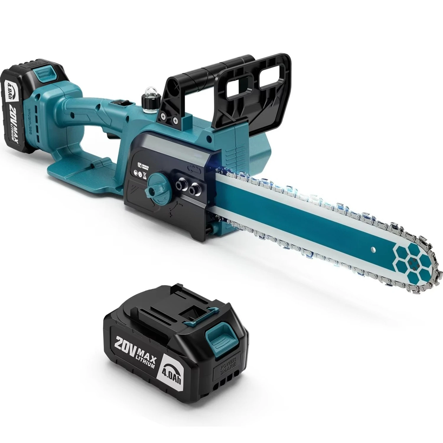 

12 Inch Blue Cordless Brushless Electric Chainsaw 4AH Battery Powered 20V Portable Compact Handheld Saw Wood Cutting