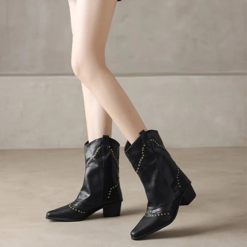 2024 Wasteland Style Vintage Trouser legs Western Boot Black Knee High Boots Women Brown Maillard Rivets Punk Winter Shoes