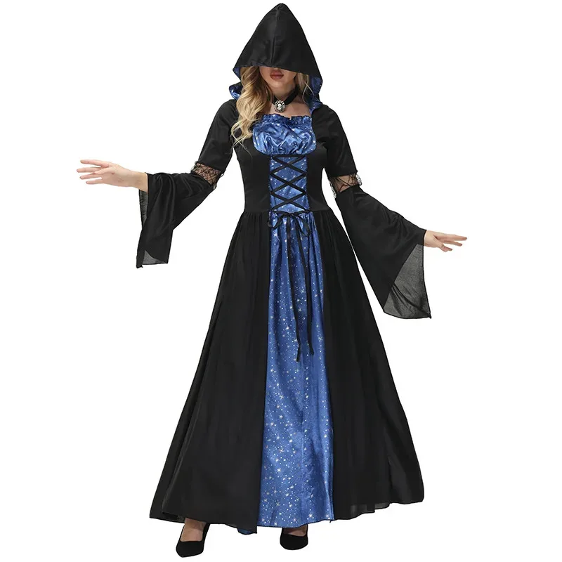 Umorden Halloween Blue Sky and Star Moonlight Sorceress Costume for Adult Women Hoodie Long Dress