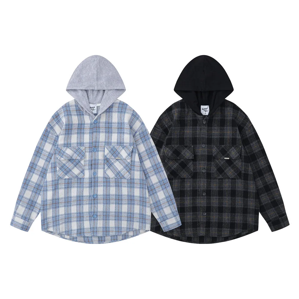 

Весенне-осенние винтажные новые модные мужские повседневные модные свободные простые базовые рубашки с капюшоном в клетку, мужская повседневная одежда с длинными рукавами