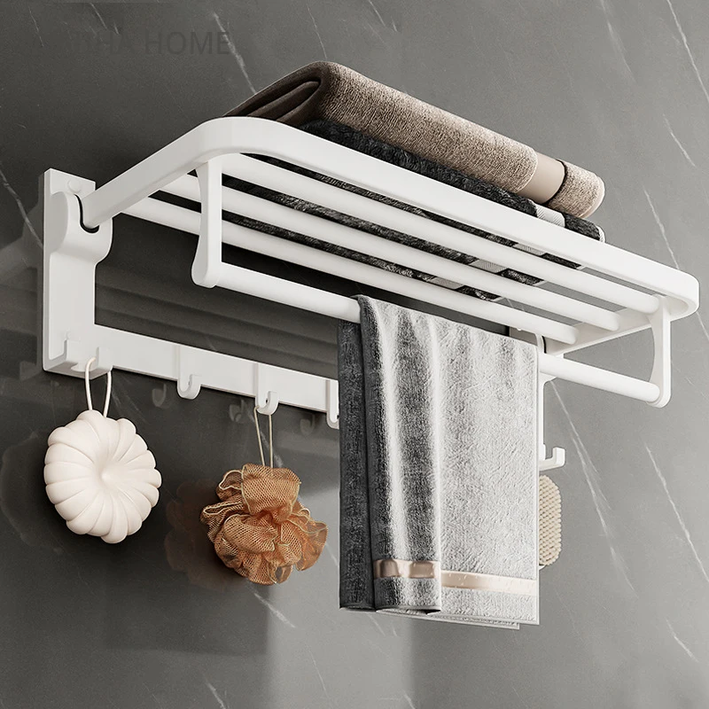 

Bath Towel Rack Holder Fold Hook Hanger White Aluminum Wall 40-60CM Clothes Rack Shower Bar Rail Toilet Storage Bathroom Shelf