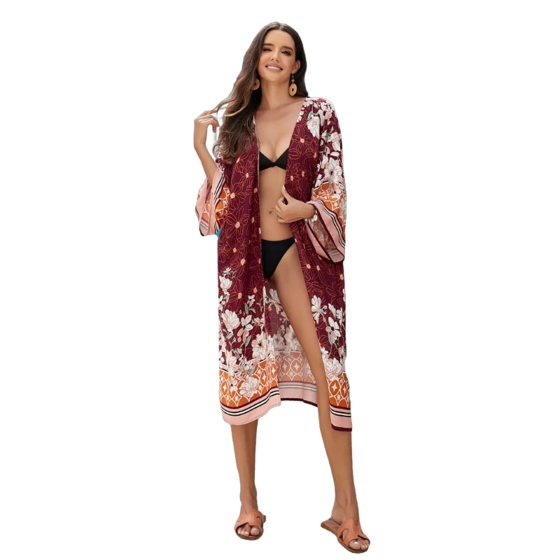 Cardigans Kimono à fleurs pour femmes, manches longues, robe plage ample, Cover-Up pour les maillots bain