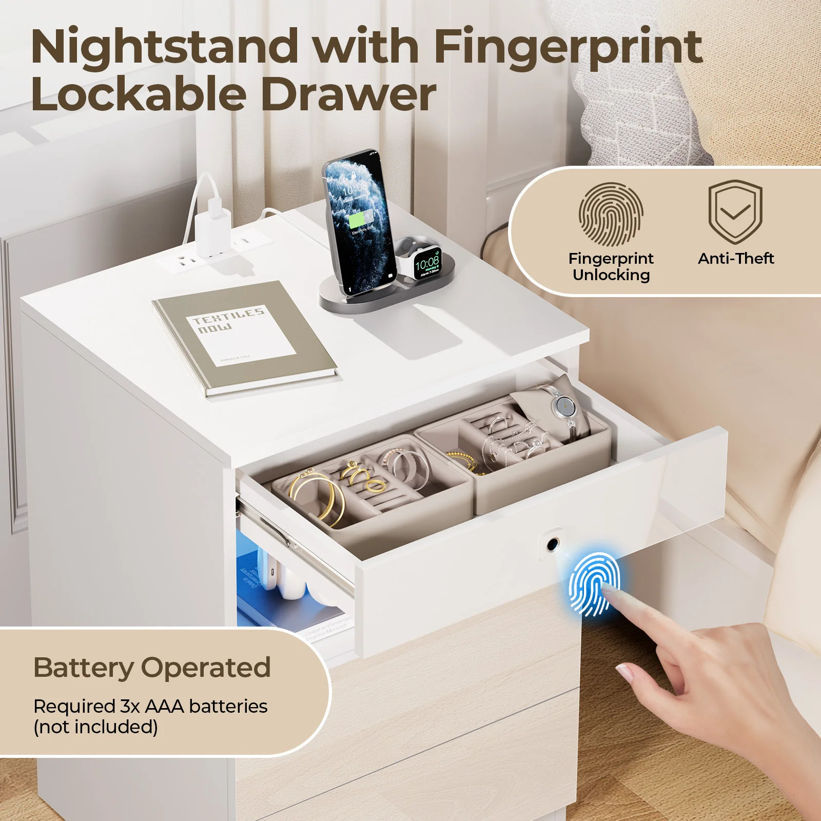 

Nightstand with Fingerprint Lock Drawer & LED Light, Charging Station,3 Drawers & Storage Shelves, Bedside Table for Bedroom