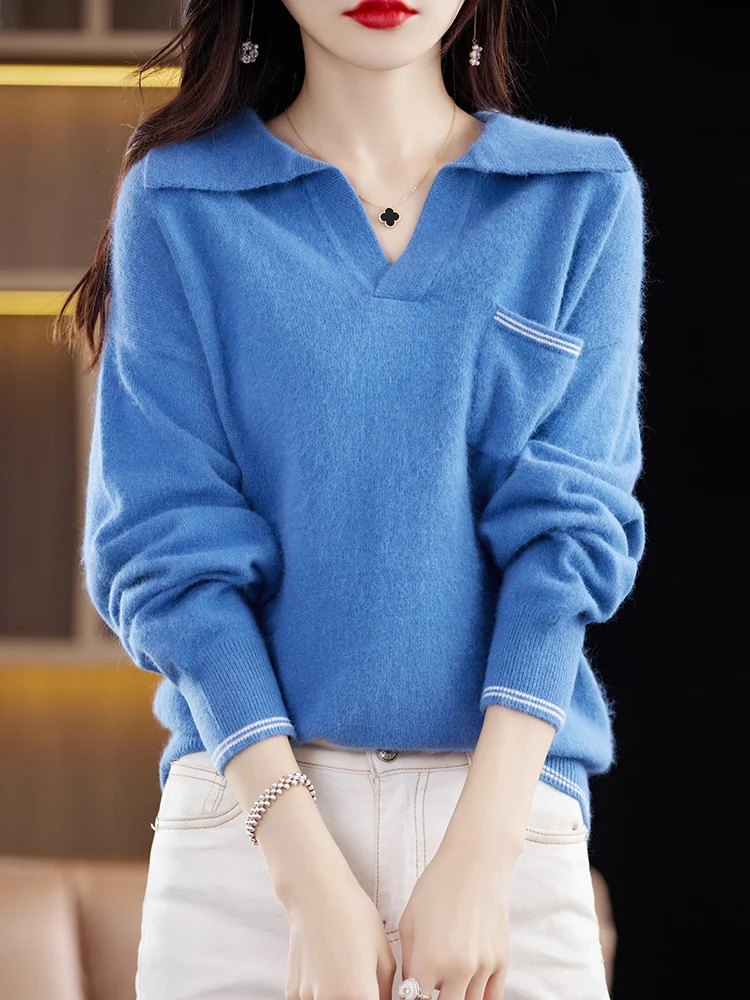 Women Cashmere Sweater Polo Collar Pullovers Autumn Winter 100% Mink Cashmere Knitwear Pockets Long Sleeve Female Clothing Tops