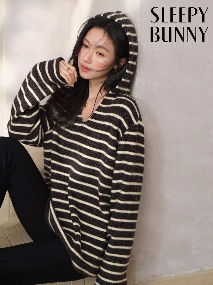 Women Casual Pullover Striped Hooded Fleece Spring Loose Fit Oversized Layering Top Minimal Streetwear Soft Sweatshirt for Lady