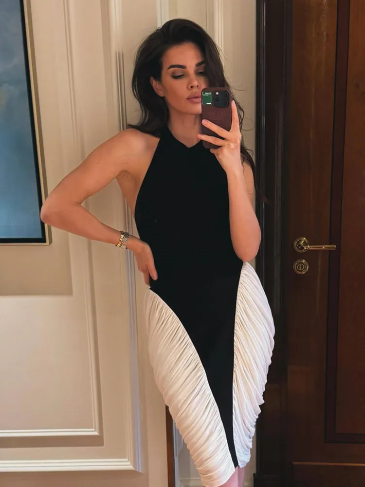 Mulheres celebridade sexy tanque retalhos ruched preto branco verão midi vestidos vestido 2025 elegante festa à noite clube vestido