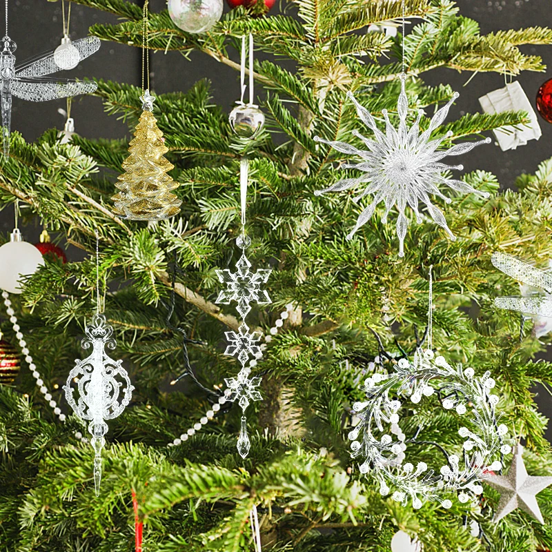 Christmas Tree Pendant Clear Acrylic Snowflake Icicle Wreath Hanging Ornaments For Xmas New Year Party Home Decoration Noel Gift