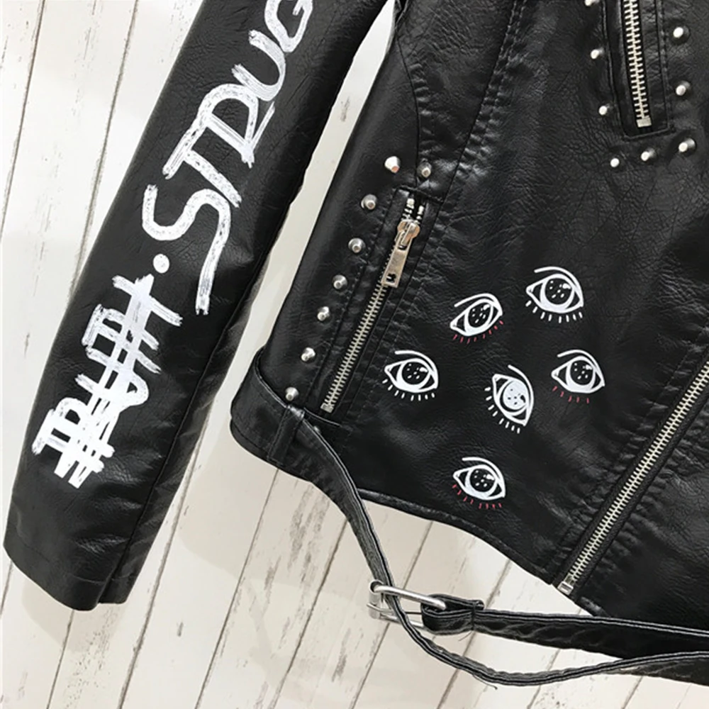 Leather Jacket Women Spring Fall Winter Pu Motorcycle Coat Print Punk Gothic Biker Rivet Outerwear