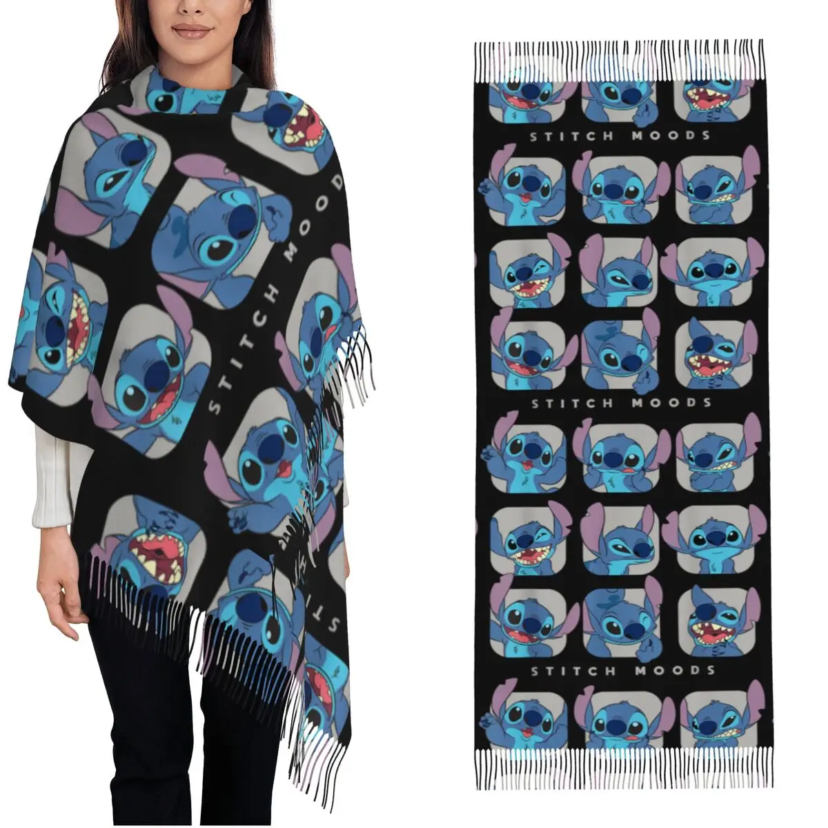 

Мужские и женские теплые шарфы и палантины Lilo And Stitch Moods с бахромой, модные зимние дизайнерские шали и накидки