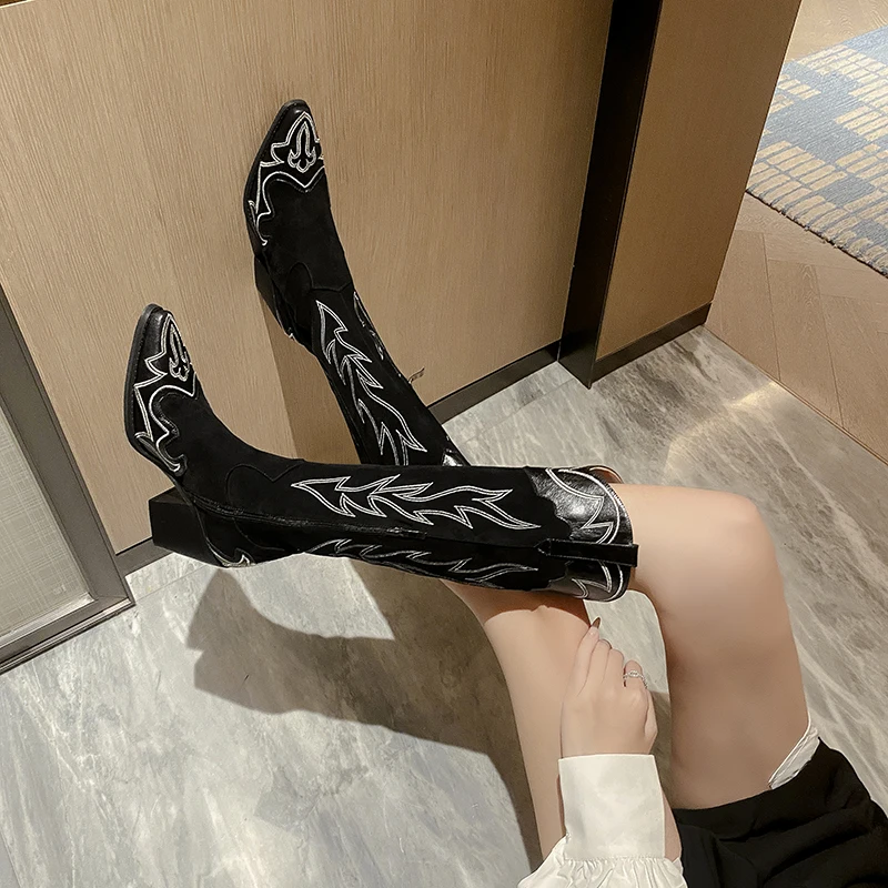 2026 new autumn winter women knee-high boots 22-25cm embroidery split leather+cow suede small thick heel western boots fashion