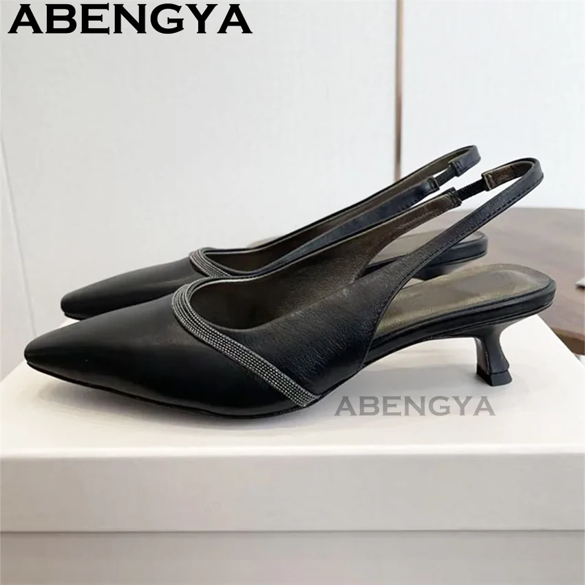 

Genuine Leather Slingback Kitten Heels Sandals Women Pointy Toe Shallow Mouth Backless Low Hee Sandals Summer Dress Shoes Women