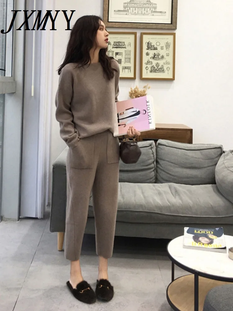 Knitted Tracksuits for Women, Loose Sweater and Ankle-Length Pants, Cashmere Suit, Thick and Warm, 2-Piece Set, Autumn