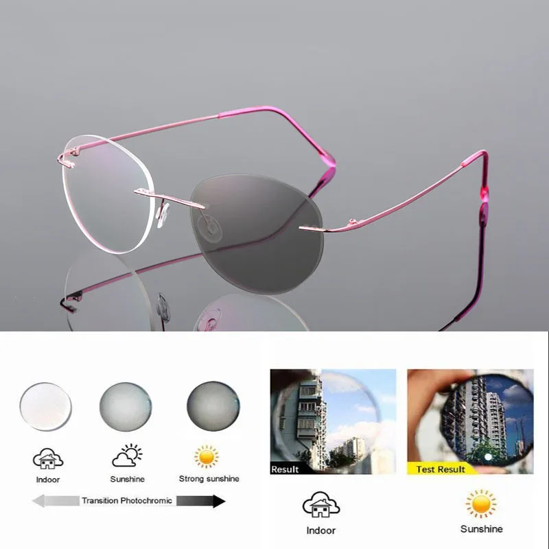 Randlose Photochrome Myopie‑Brille Titanlegierung Rund Männer Frauen Rezeptbrille Sonnen‑Farbwechsel Für Draußen – Detail 12