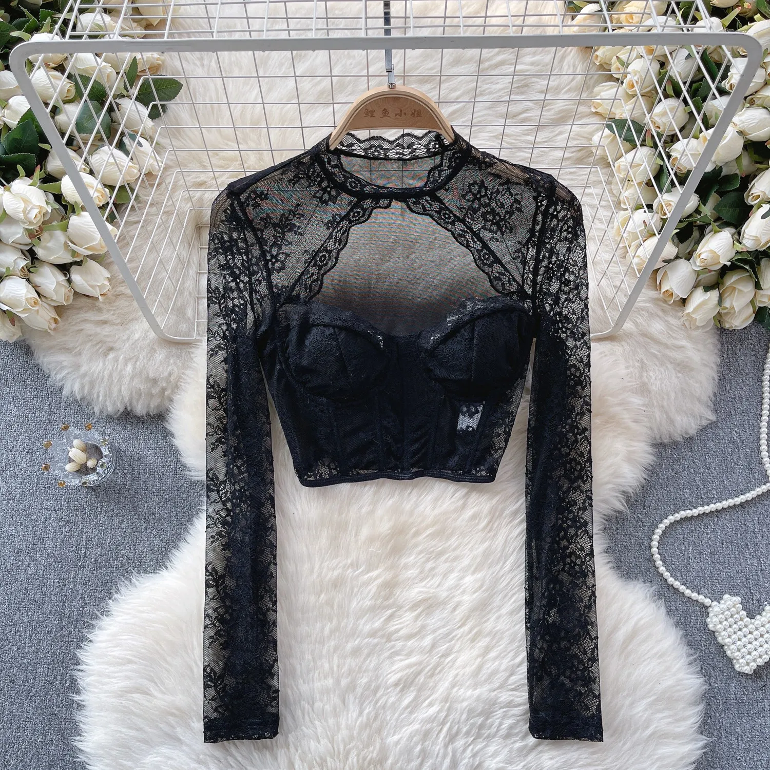 Spitzen-Crop-Top Sexy Damenoberteil ​   Ausgeschnittenes Rundhals-Top mit Langen Ärmeln und Fischgrätmuster Y2k Kleidung Damen Figurbetonte Bustier Sommer-Oberteil