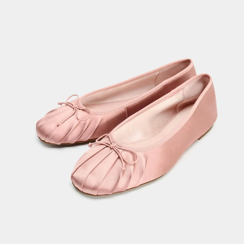 

Pleated satin simple bow-decorated flat shallow single shoes for women, French fashion Mary Jane shoes, ballet shoes
