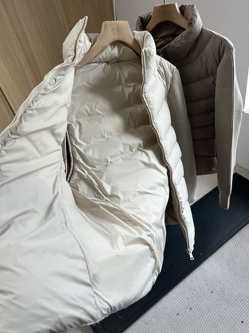 سترة نسائية جديدة لخريف وشتاء 2025 بياقة واقفة محبوكة وربطات بطة بيضاء أسفل سترة التخسيس #5