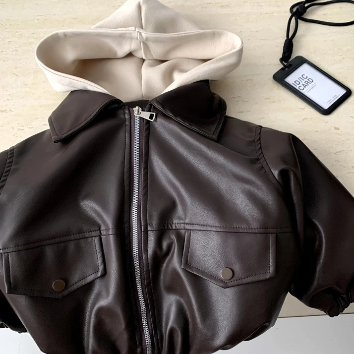 

Coat 2026 Spring and Summer New Childrens Clothing Korean Style Boys and Girls Fashion Casual Hooded Leather Coat Simple