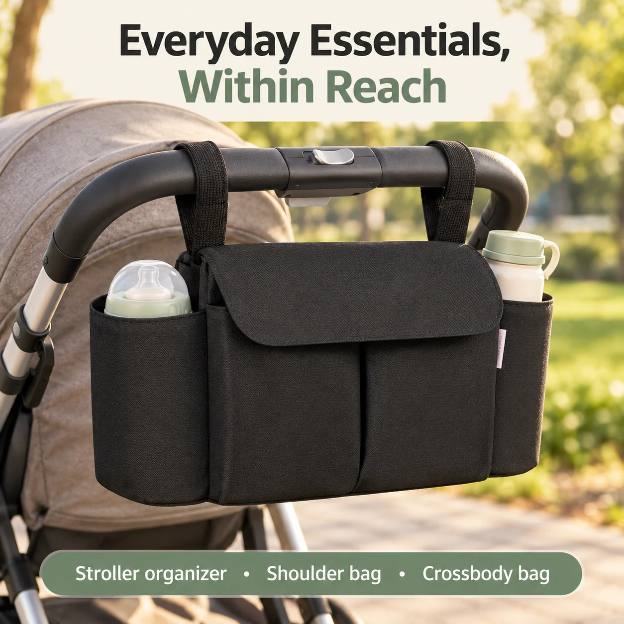 Baby Stroller Organizer Bag with Bottle Pockets, Convertible Crossbody Shoulder Diaper Storage Bag, Black 37x20x14cm