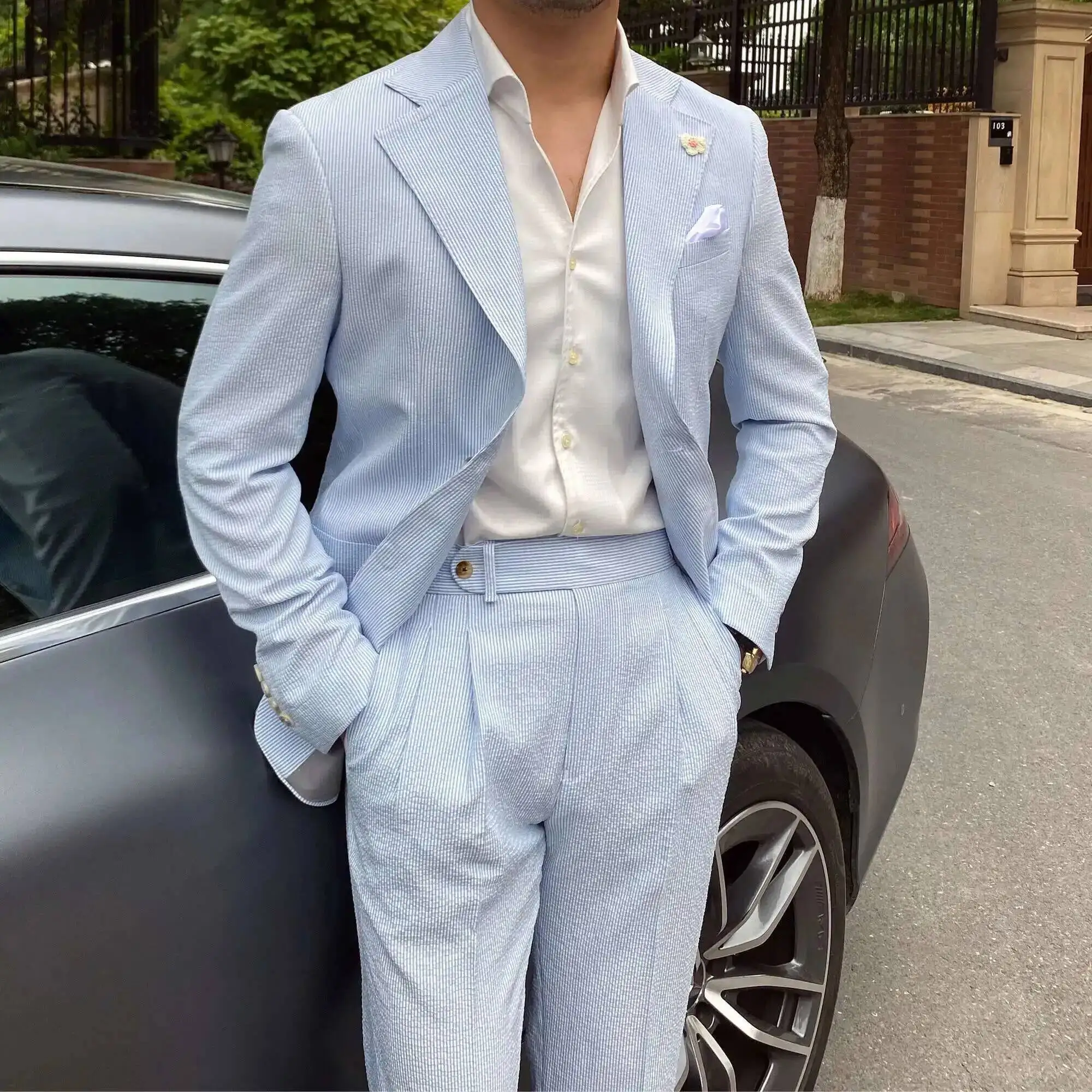 2022 Summer Thin Men Leisure Blue Striped Seersucker Suit British Gentry Suit Men Suit Business Tuxedos Slim Fit Groom Men Suit