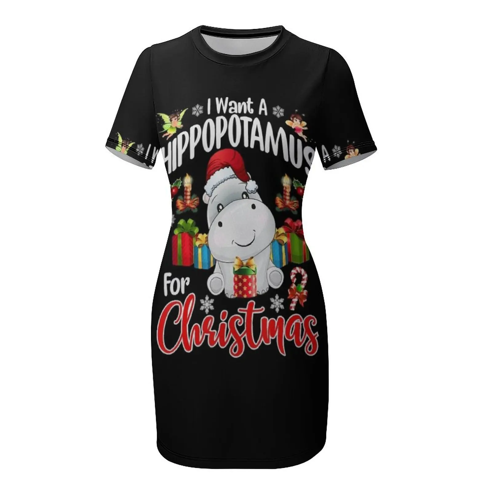 Eu quero um hipopótamo para o natal hipopótamo para crianças meninas camiseta vestido de manga curta vestido feminino saia de verão